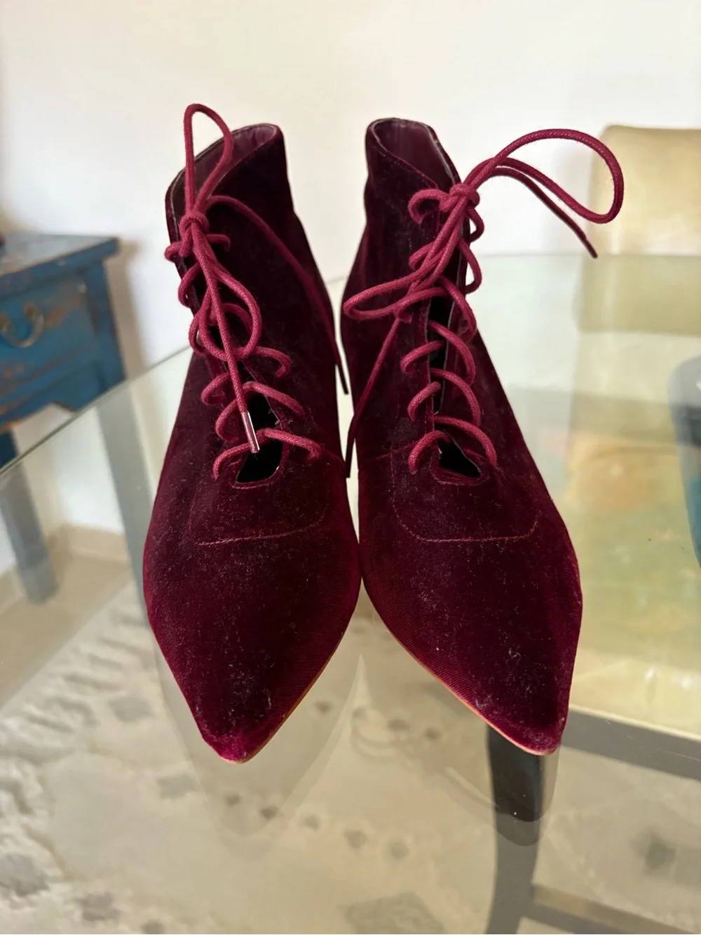 Miss L Fire | Crimson velvety ankle booties. Pointed toe. Lace-up. Size 39 (8.5)